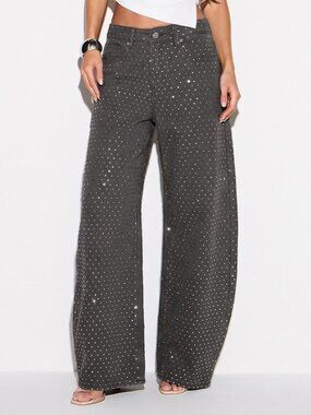 Gray Casual Women's Rhinestone Embellished Wide Leg Jeans
